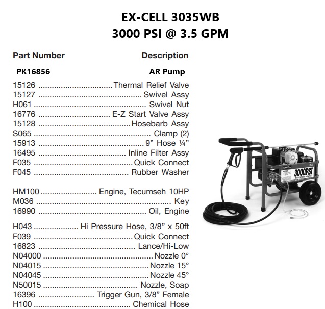 DEVILBISS model 3035WB power washer parts